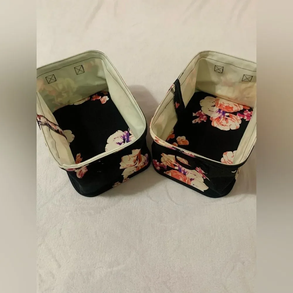 PINK VS HTF VINTAGE BLACK FLORAL STORAGE BIN TRUNK SET OF 2